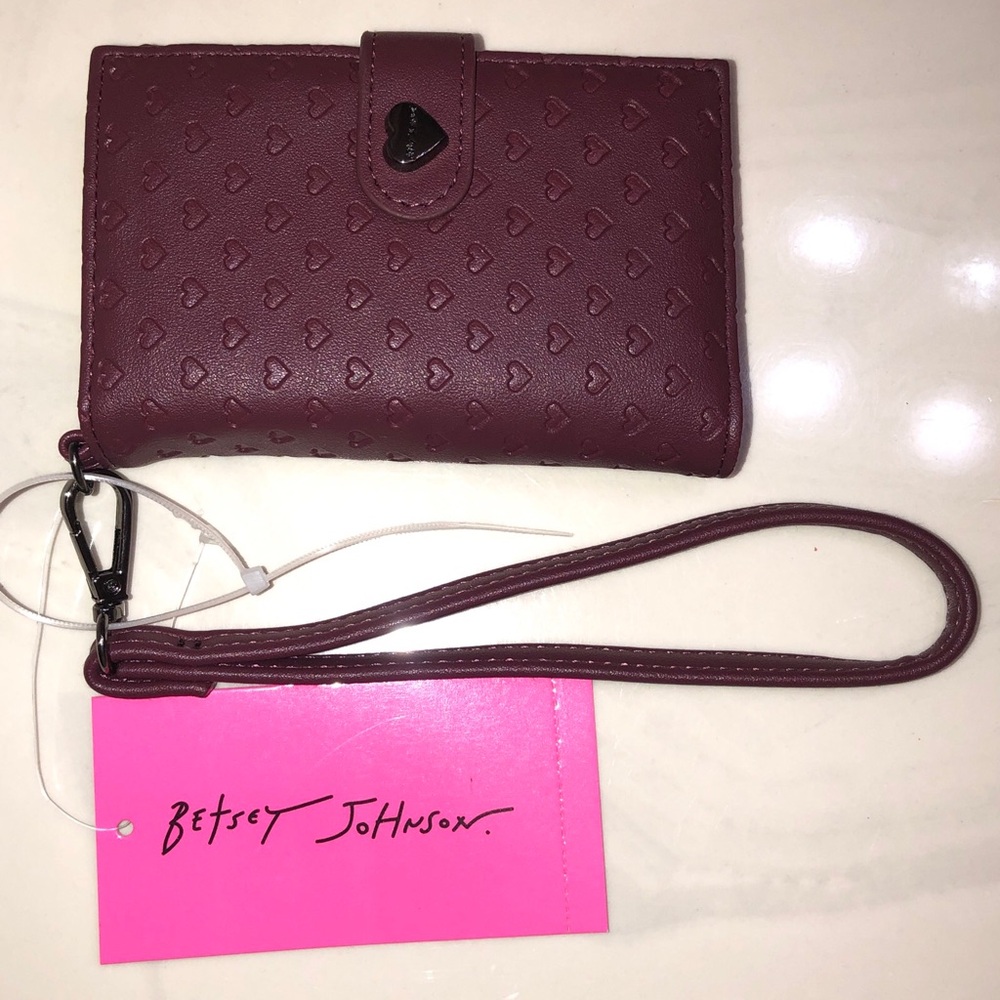 Betsey Johnson XOLEAH Cherry Card Case Wallet Embossed Heart Pattern + Strap NWT